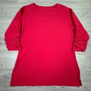 E.L.I. Women Top Coral Pink Medium Pima Cotton Ruffle 3/4 Sleeve Crew Neck